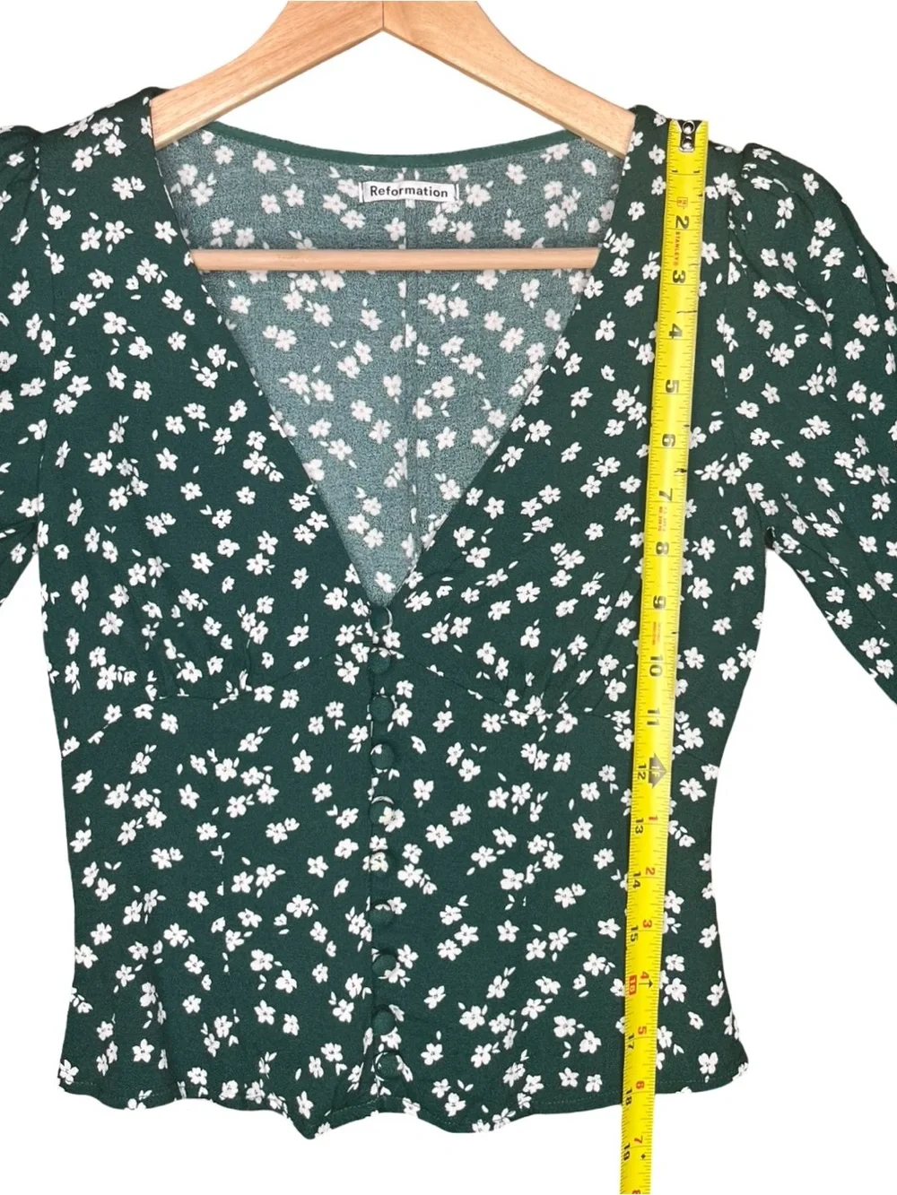 Reformation Nell Top Annette Green Floral Puff Sleeve Blouse S